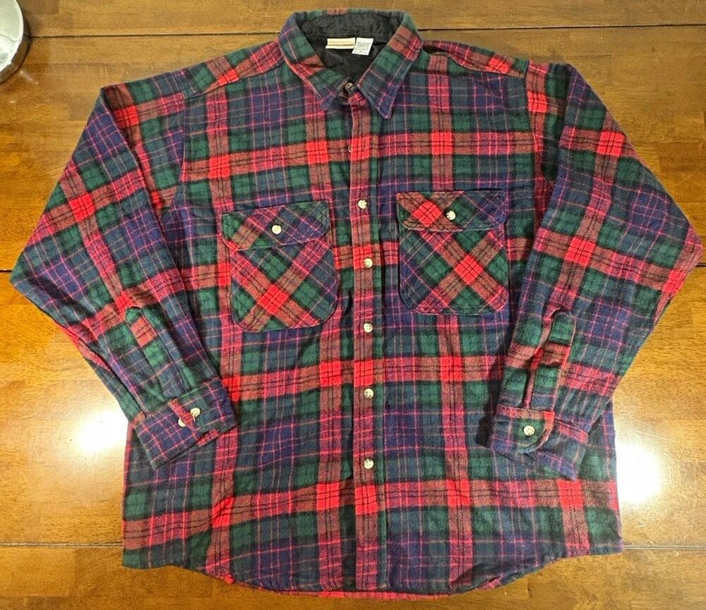VTG Field & Stream Heavyweight Plaid Flannel Shirt Mens XL Red Green Blue Thick